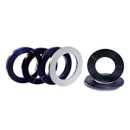 Coils of steel strapping in blue and black finish